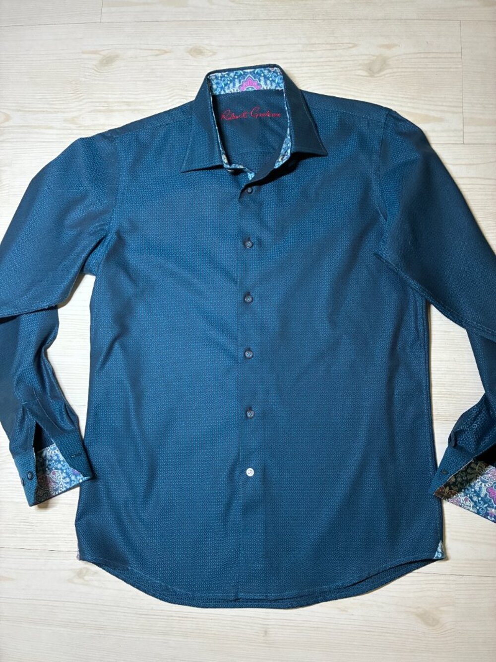 Robert Graham Men's Small Teal Blue Textured Dobby Button Down Shirt Flip Cuff